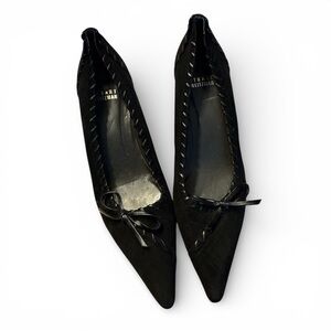 Stuart Weitzman Size 6 Black Suede Pointed Toe Flats with Bow Detail